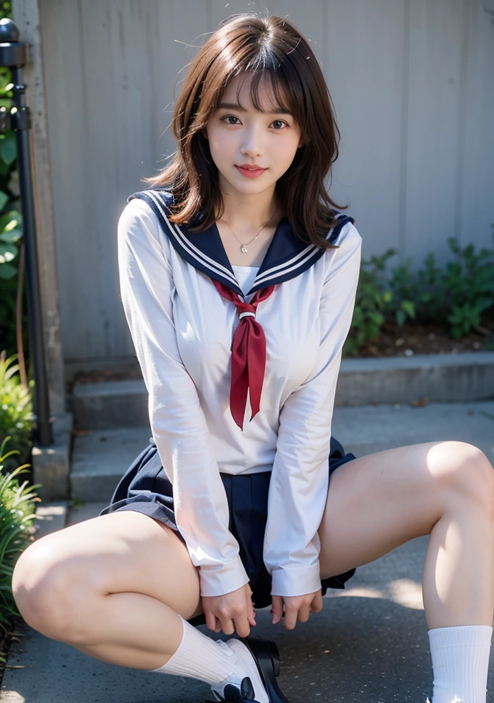 high school girl, , ((Sailor suit:1.3)), ((Red ribbon)), Black pleated skirt, mini skirt, Brown leather shoes, ((Black knee-high socks)), height: 158cm, , Realistic, Browsing Caution, ((Pussy Crack:1.1)), ((spread pussy:1.1)), On the stairs in the park, ((Shiny skin:1.3)), cute, cute, Japanese, 最high quality, shape, Very detailed, In detail, High resolution, 8k wallpaper, Perfect dynamic composition, Beautiful details, Big Breasts, Random sexy poses, whole body, Like a real human being, smile, gravure, 1 female, Black Hair, Long Hair, 15 years oldts:1.3), 最high quality, 8k, high quality, High resolution, (Thick lips), ((Looking at the audience)), double eyelid, Beautiful woman, whole body, Dutch Angle, Fashionable necklaces, Medium Short Hair, (pubic hair:1.3), ((spread legs:1.3))