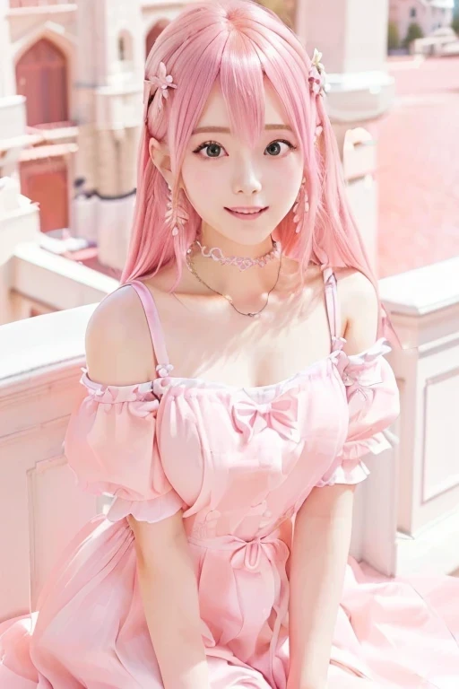 Haruka, Pink Hairとドレスを着た女性のクローズアップ, Real life anime girls, 長いPink Hairのpretty girl, Beautiful anime style, Cute Anime Girl, Attractive anime girl, Beautiful Anime Girls、smile、Small breasts、A cup breasts、pretty girl, Camera gaze、Symmetrical eyes、Pink Hair, Shirahime cut hairstyle, Realistic young anime girl, Cute Hairstyles、hair ornaments、かわいいhair ornaments、Cute Earrings、background(Inside Cinderella Castle、Inside a European castle、Beautiful inside the castle)