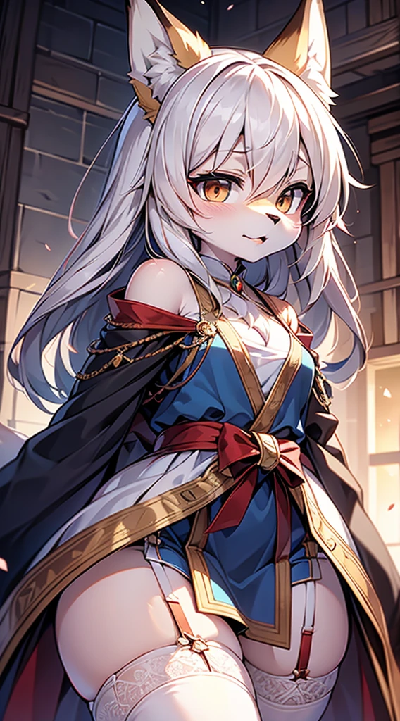 High and cold，Three No，No Expression，cold，cold，，Lolitle gair，No Expression，indifferent女孩，indifferent狐狸女孩，indifferent，White hair，Fox ears，White hair all over the body，Anthropomorphic fox girl，White fox girl，白色丝绸Knee socks，Knee socks，Garter stockings，Short robe，Back of robe，Back of robe，Mage Robe，Lace decoration，Lace decoration的袍子和Knee socks，蕾丝Knee socks，白丝Knee socks，Close-up above the waist，Close-up above the waist，No Expression，furry，furry，fuzzy，fuzzy，furry