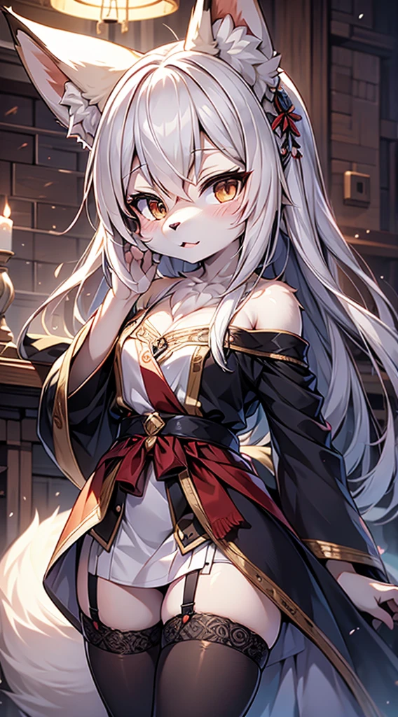 High and cold，Three No，No Expression，cold，cold，Loli，Loli，little girl，White hair，No Expression，indifferent女孩，indifferent狐狸女孩，indifferent，White hair，Fox ears，White hair all over the body，Anthropomorphic fox girl，White fox girl，白色丝绸Knee socks，Knee socks，Garter stockings，Short robe，Back of robe，Back of robe，Mage Robe，Lace decoration，Lace decoration的袍子和Knee socks，蕾丝Knee socks，白丝Knee socks，Close-up above the waist，Close-up above the waist，No Expression，furry，furry，fuzzy，fuzzy，furry