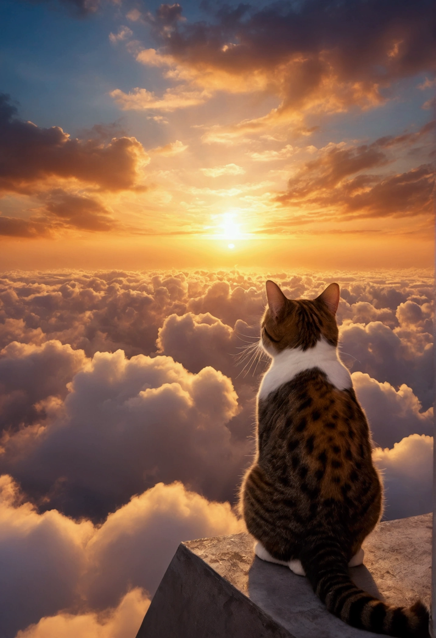 Heart of light in the clouds of the sunset sky,Xin Haichenfeng,In the foreground, A small cat is seen from behind, Watching the sunset.,Being above the clouds