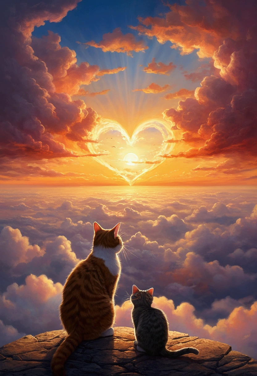 Heart of light in the clouds of the sunset sky,Xin Haichenfeng,In the foreground, A small cat is seen from behind, Watching the sunset.,Being above the clouds