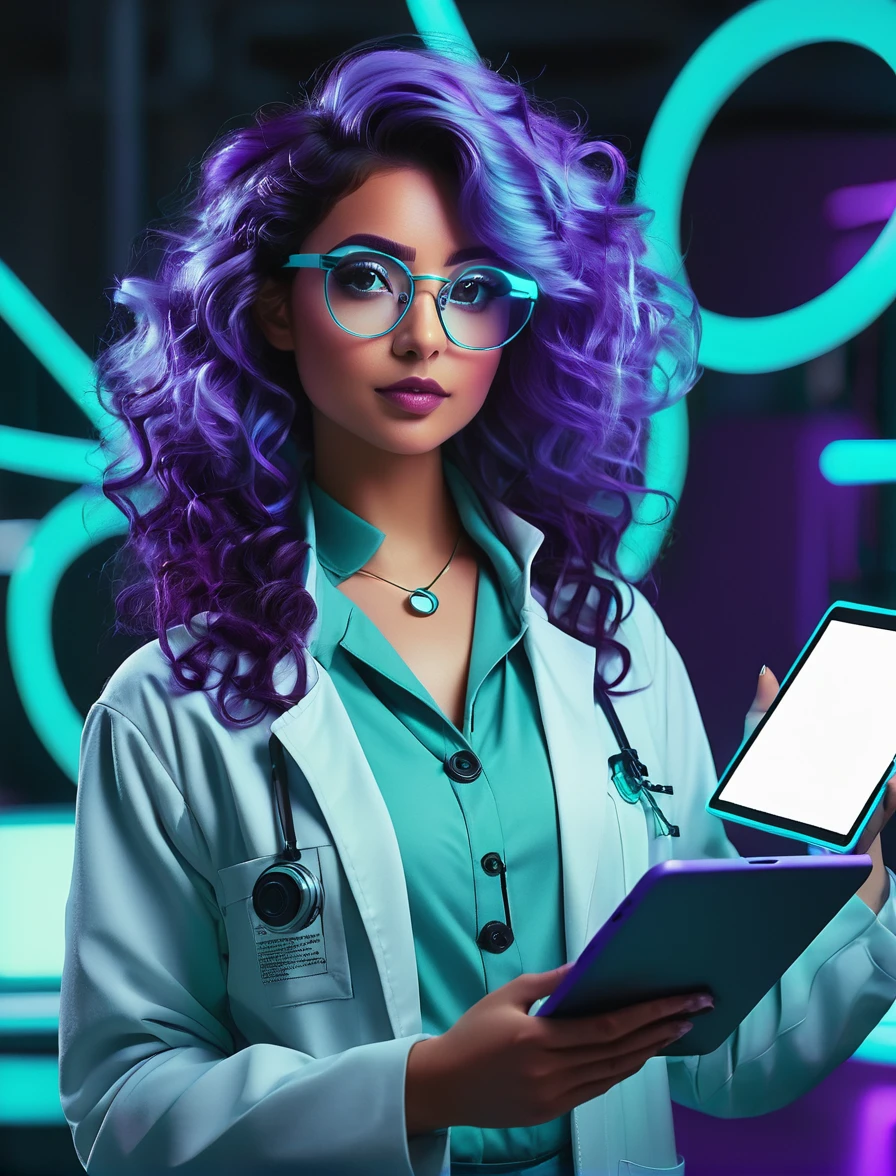 A young woman with wavy, teal-colored hair and round glasses, displaying a confident and focused demeanor. She is dressed in a futuristic lab coat over a light blue outfit, with glowing neon accents. She holds a tablet and a glowing clipboard, suggesting a high-tech environment. The background is a deep purple, complementing her vibrant appearance.
