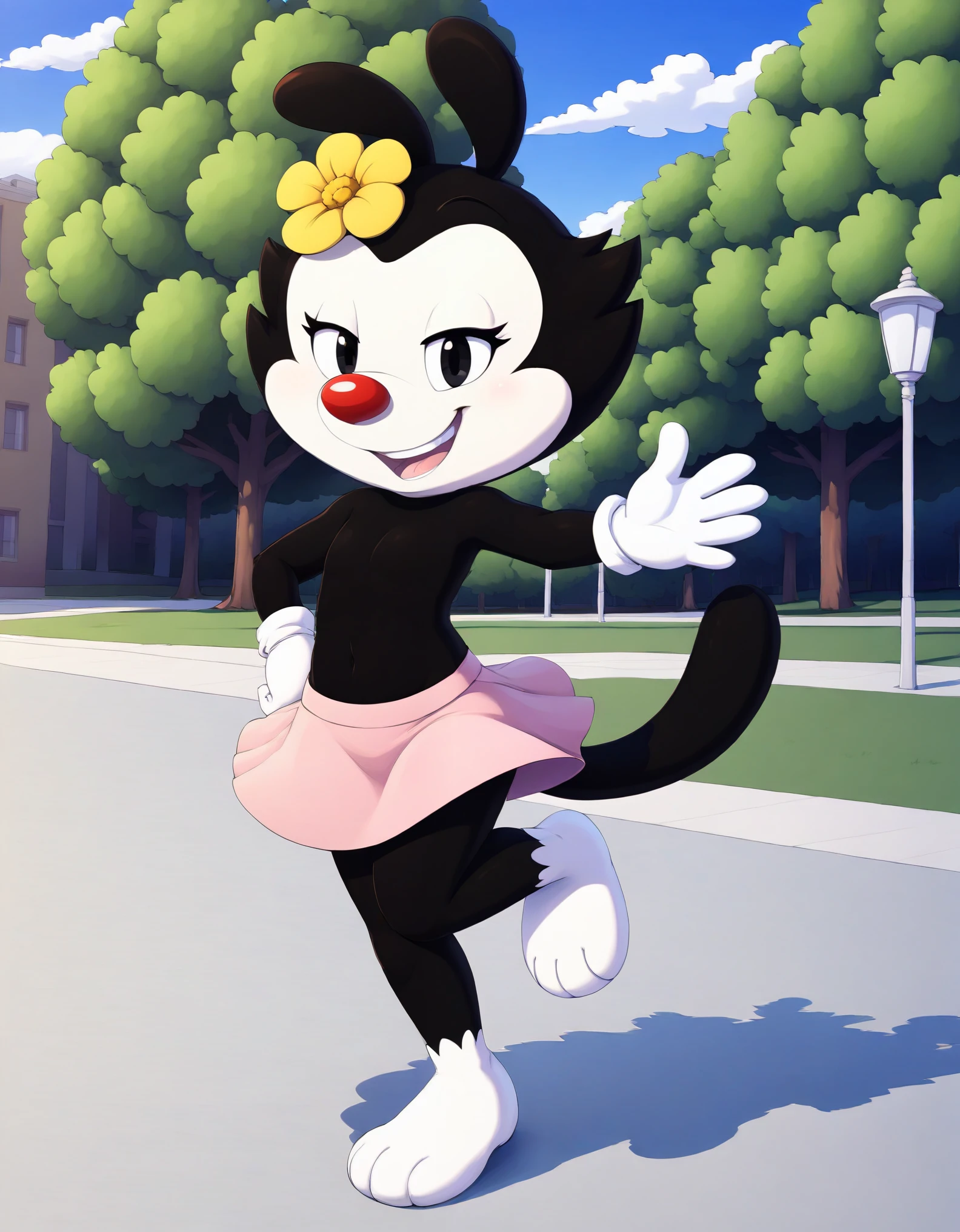 score_9, score_8_up, score_7_up, score_6_up,, ((cute, little, fur)), (high quality, detailed, beautiful), shiny, adorable face, detailed beautiful eyes, diadema, sunlight, realistic, outstanding, countershading, detailed soft lighting, ear fluff, cinematic vintage photography
 solo, cub, , dwarf, dotw, girl, flat chest, black body, black head, white cheeks, white legs, black ears, mouth open, black tail, white eyelids, black eyes, Red nose, white gloves, yellow flower on head, pink skirt, smile with teeth, on one leg, walk in the park, evening time, mysticism, featureless chest