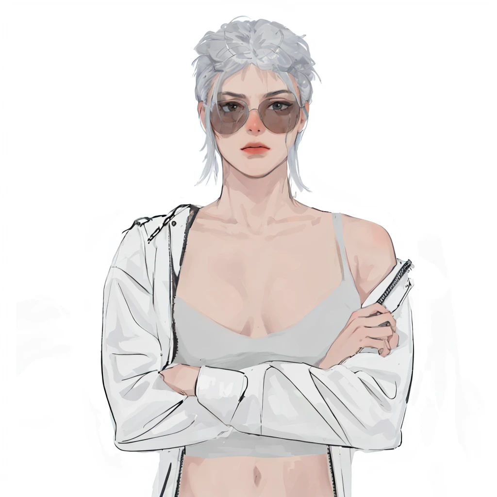 (masterpiece:1.2, best quality), (1girl, solo, upper body:1.2),flat face,Hair: buzz cut,Clothing: oversized, distressed denim jacket with patches and pins, paired with black skinny jeans and combat boots, Hanging out in an underground music venue or street art exhibit