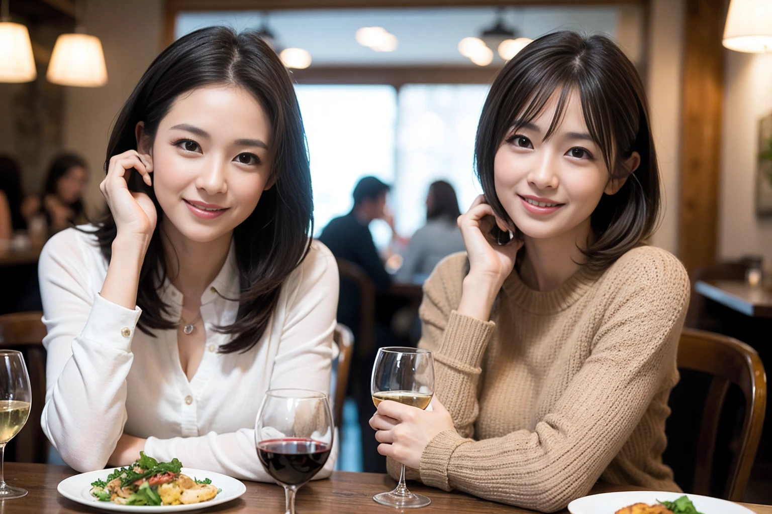 ((Highest quality、8k、masterpiece:1.3))、Shortcuts、cute、slimカップル、modelカップル、actress男優、(Realistic, Intricate details:1.2), full-course dinner、Wine Party、Amazing view of the sunset sky and clouds、A bright smile、short hair,Bright Face、 (Age 45), 42 years old, red wine 、Appetizers、Italian food、Wine bottle、Champagne、sparkling wine、Two beauties、Brown Hair、Shortcuts、Long sleeve shirt、dress、Beautiful woman 1, (slimな顔), (The body is slim), (Brown Hair), (Shortcuts), cheeks turn a little red,Attractive beauty、restaurant, In a prominent place (From the waist up) Nova Frog Style, actress, model, Upper Body, White wine, slim, wine glass, 中央に置かれたwine glass, smile, (smile: 1.15), Beautiful fine grain, Depth f/2,saturation, High Contrast, Strong light and shadow,Moist Body:1.5、3D texture、Delicate eyes、Brown Hair、The hair is very shiny、