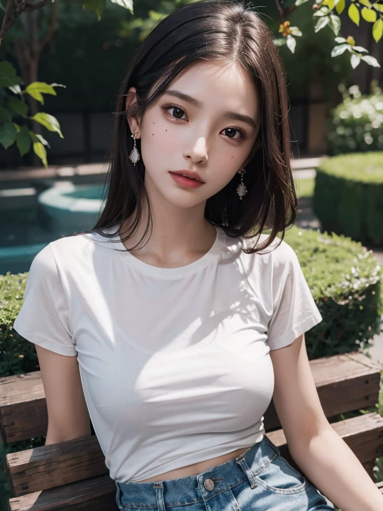 absurdres, RAW photo, extremely delicate and beautiful, masterpiece, Best Quality, ultra high resolution, 32k, hyperrealistic, ultra-detailed, perfect anatomy, super Detailed skin, perfect figure, Super Beauty, Perfect Style, Perfect balance, in her 20s, very small head, very small face, delicate facial features, tearful mole, earring, huge round breasts, medium hair, whole body shot, tight t-shirt, Tight skinny jeans, outdoor,