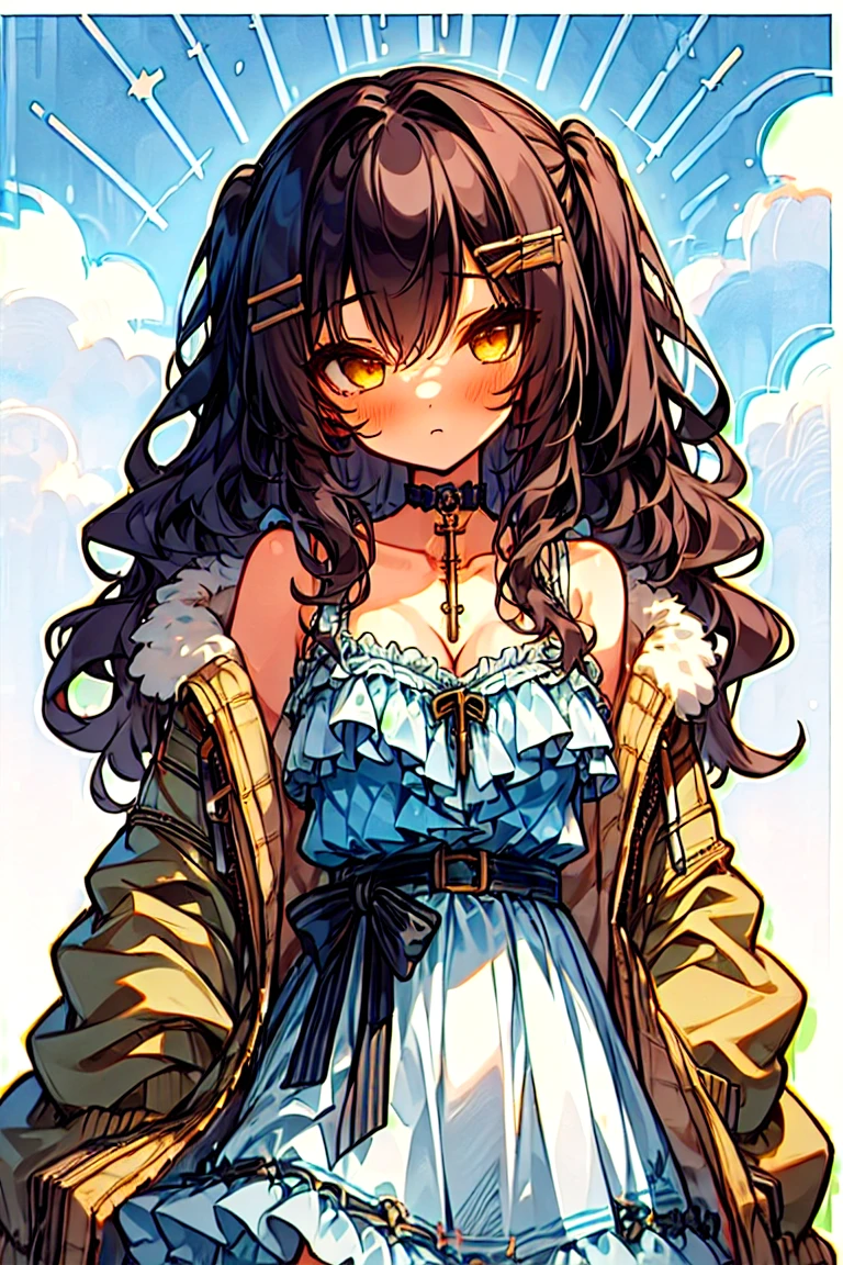 (masterpiece, best quality:1.2), 1girl, solo, girls with((1girl, solo, black hair, yellow eyes, (wavy long hair, one side up, hairclips:1.3), bare shoulder, blush, breasts, black choker, cleavage, coat, cowboy shot, blue lace dress, camisole, ribbon waist belt, black ribbon belt, red bow, red ribbon, neck ribbon, collar, collarbone, rosary, rosary choker, cross, fur, fur trim, parka, khaki hoodie, green hoodie, khaki jacket, hood down, hooded coat, hooded jacket, hoodie, jacket, large breasts, long sleeves, medium breasts, open clothes, open coat,open hoodie, sleeveless, winter clothes, zipper, cleavage, upper body, hand up, waving, palm)), background with((architecture, blue sky, bush, castle, village, no humans, cloud, cloudy sky, day, field, garden, grass, hill, house, lamppost, landscape, mountain, mountainous horizon, nature, no humans, outdoors, scenery, shrine, sky))