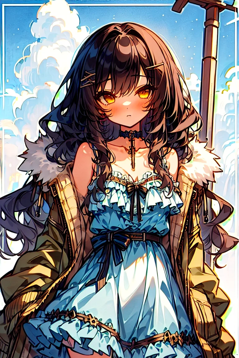 (masterpiece, best quality:1.2), 1girl, solo, girls with((1girl, solo, black hair, yellow eyes, (wavy long hair, one side up, hairclips:1.3), bare shoulder, blush, breasts, black choker, cleavage, coat, cowboy shot, blue lace dress, camisole, ribbon waist belt, black ribbon belt, red bow, red ribbon, neck ribbon, collar, collarbone, rosary, rosary choker, cross, fur, fur trim, parka, khaki hoodie, green hoodie, khaki jacket, hood down, hooded coat, hooded jacket, hoodie, jacket, large breasts, long sleeves, medium breasts, open clothes, open coat,open hoodie, sleeveless, winter clothes, zipper, cleavage, upper body, hand up, waving, palm)), background with((architecture, blue sky, bush, castle, village, no humans, cloud, cloudy sky, day, field, garden, grass, hill, house, lamppost, landscape, mountain, mountainous horizon, nature, no humans, outdoors, scenery, shrine, sky))