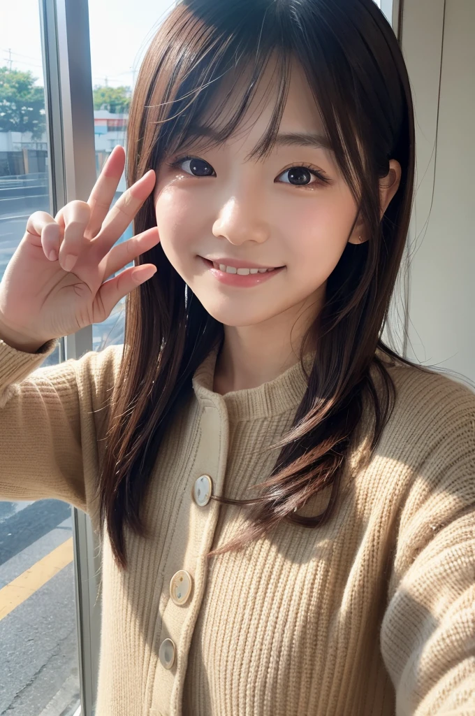 8K, details, Vertical portrait of a charming young Japanese lady making a peace sign, selfie style, high-definition, natural light, as if taken with a Canon camera