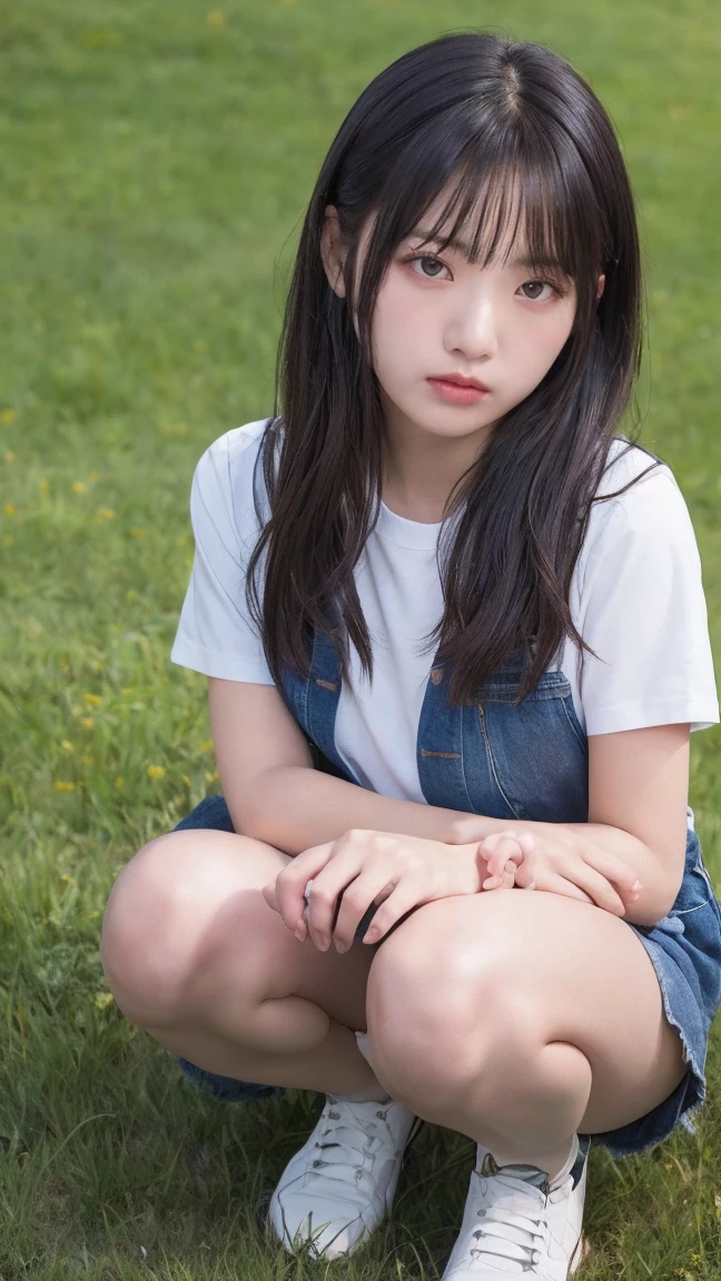 1 Female,((One girl)),((:1)), cowboy_shot,(from_front:1.5),Eye of the worm,squat,Hug your feet, On the grass,10 generations, Very young,純真なbeautiful少女たち, Idol&#39;s face, Delicate girl:1, (Ankle socks:0.8),(Tunic blouse:1.0), (Frillsトップス:1.0), (trainer:1),(cardigan:1),Sleeves are longer than the wrist, overly too long sleeves, (denim_skirt:1.3),at the park,(knees_Away:0.8),(white_pantiess are visible:1.3),(seamless_pantiess:1), (lame_pantiess:1), (race_Frills_panties:1.1), masterpiece, Highest quality, 8k,(beautiful_skin:1),Detailed face,Smooth bristles, Glowing black eyes,Sparkling eyes,Childish,RAW Photos, Professional Lighting, Film Grain, chromatic aberration,Expressionless, (Small eyes and face:1.0), (Bokeh:1.1),School Bags