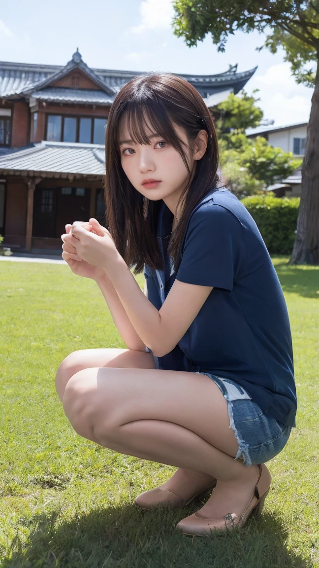 1 Female,((One girl)),((16 years:1)), cowboy_shot,(from_front:1.5),Eye of the worm,squat,Hug your feet, On the grass,10 generations, Very young,純真なbeautiful少女たち, Idol&#39;s face, Delicate girl:1, (Ankle socks:0.8),(Tunic blouse:1.0), (Frillsトップス:1.0), (trainer:1),(cardigan:1),Sleeves are longer than the wrist, overly too long sleeves, (denim_skirt:1.3),at the park,(knees_Away:0.8),(white_pantiess are visible:1.3),(seamless_pantiess:1), (lame_pantiess:1), (race_Frills_panties:1.1), masterpiece, Highest quality, 8k,(beautiful_skin:1),Detailed face,Smooth bristles, Glowing black eyes,Sparkling eyes,Childish,RAW Photos, Professional Lighting, Film Grain, chromatic aberration,Expressionless, (Small eyes and face:1.0), (Bokeh:1.1),School Bags