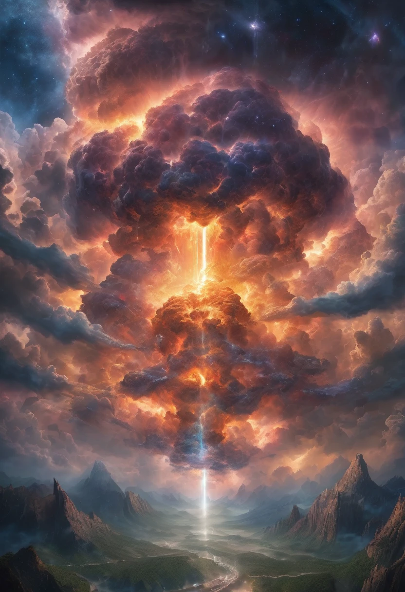 God, the omnipotent creator of the entire universe, greater than all galaxies, represented by the figure of a hyper hyper mega gigantic cloud of energy in the middle of the hyper detailed universe, hyper sharp, hyper realistic, intricate, 32k, photorealism style