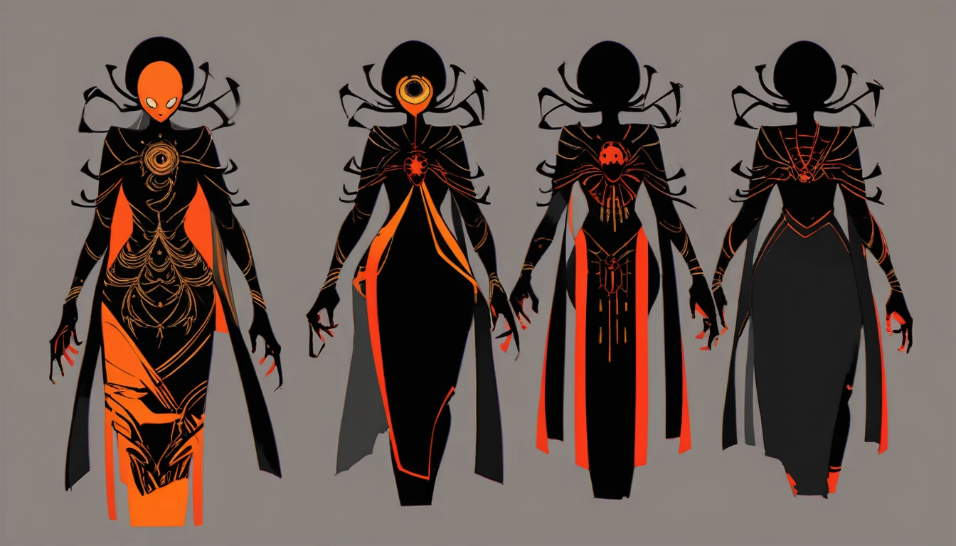 アニメ, flat colors,clear lines.Spider Spirit,whole body,Monsters in Chinese mythology,明确展示front、side、back三视图,All views on one image。front,Female form,Half human body,Half spider,The upper body is wearing a black tights,The lower body is a spider's legs,Eyes cunning。side,Demonstrating the integration of spider legs and human upper body,Clear details。back,腿的分布和背部的衣物Clear details展示,Make sure each view is clear and,White background。masterpiece, best quality