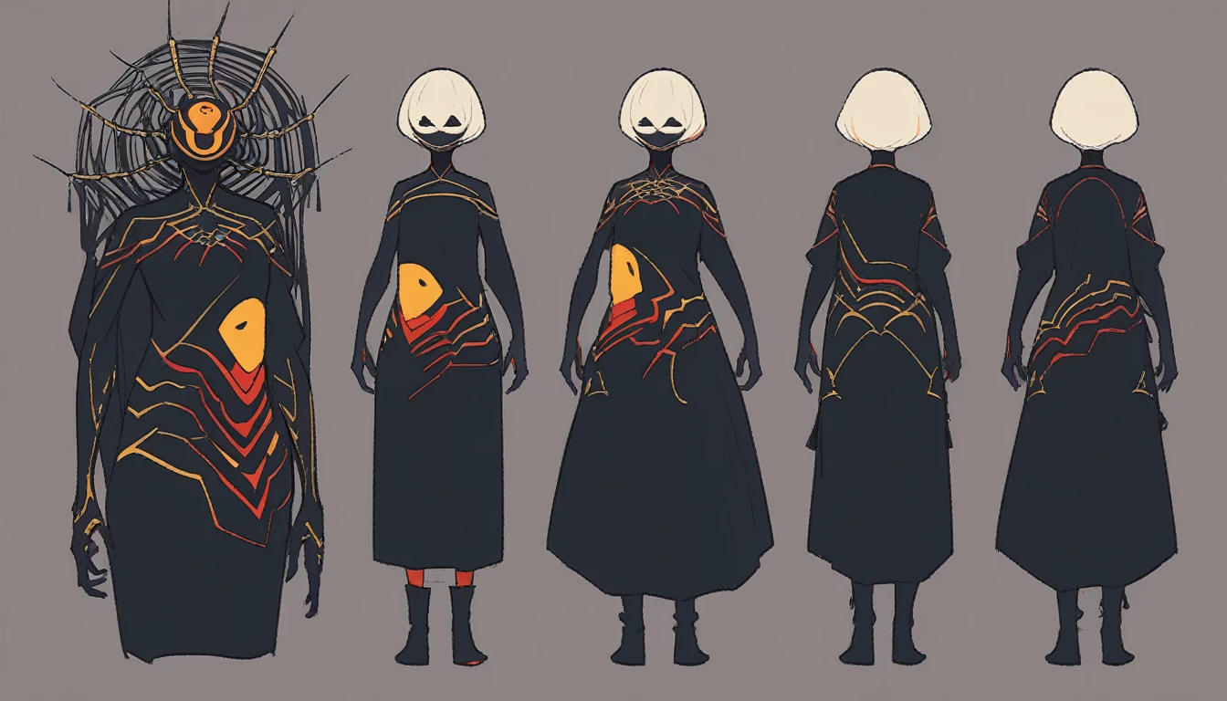 アニメ, flat colors,clear lines.Spider Spirit，whole body，Monsters in Chinese mythology，明确展示front、side、back三视图，All views on one image。front，Female form，Half human body，Half spider，The upper body is wearing a black tights，The lower body is a spider&#39;s legs，Eyes cunning。side，Demonstrating the integration of spider legs and human upper body，Clear details。back，腿的分布和背部的衣物Clear details展示，Make sure each view is clear and，White background。masterpiece, best quality