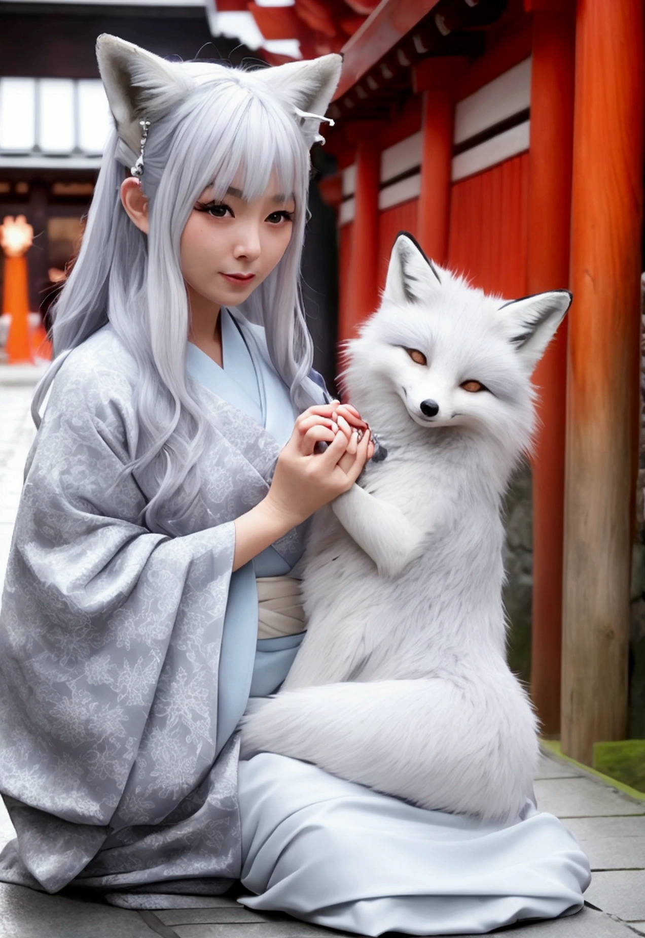 front Pretty face、Beautiful ice star piece best quality Midnight Fox-eared beauty Silver Hair generally 20-year-old foxes get married Fushimi Inari Taisha Shrine wonderful mystery Wonderland Rainy day in Gion, Kyoto 9:16