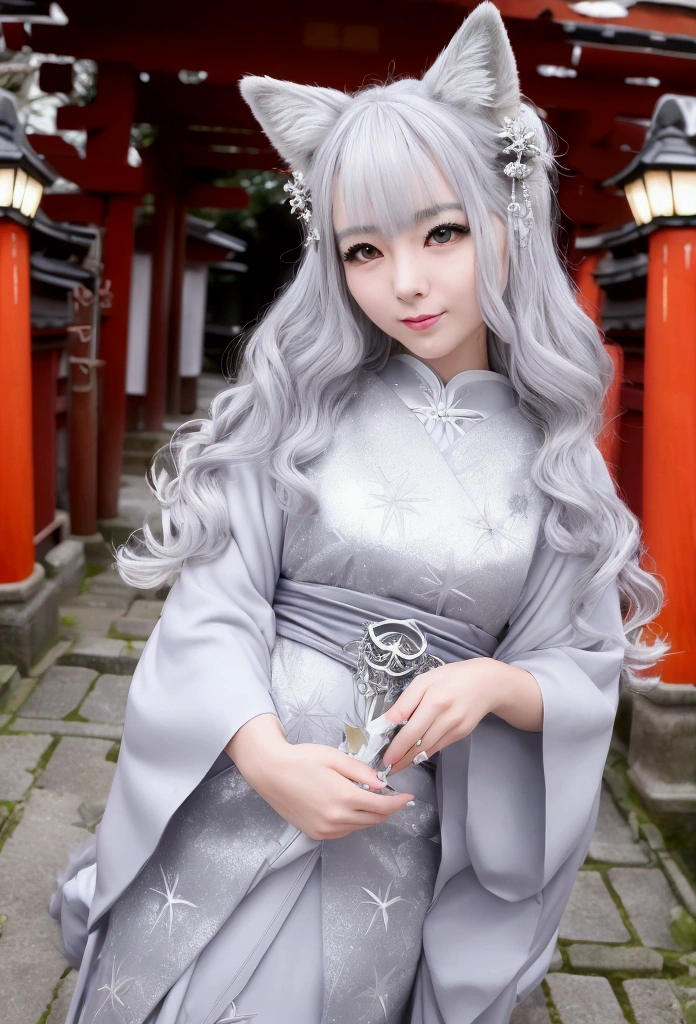 front Pretty face、Beautiful ice star piece best quality Midnight Fox-eared beauty Silver Hair generally 20-year-old foxes get married Fushimi Inari Taisha Shrine wonderful mystery Wonderland Rainy day in Gion, Kyoto 9:16