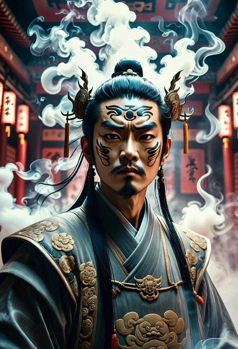 Close-up, a realistic photo of the Yan King in traditional Chinese culture, with a background of the underworld Yan King Hall. The screen is eerie, smoke filled, and the expression is fierce, with special facial details. The whole body, film shooting, street photography, negative color film, film camera, 35mm lens, Unreal Engine 5, Dof,