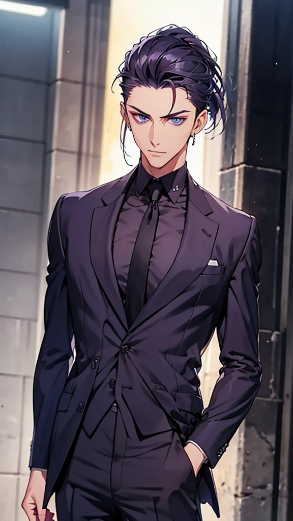 Male, blue eyes, purple slicked back ponytail, navy blue checkered suit, thin eyebrows, slim body, upper body