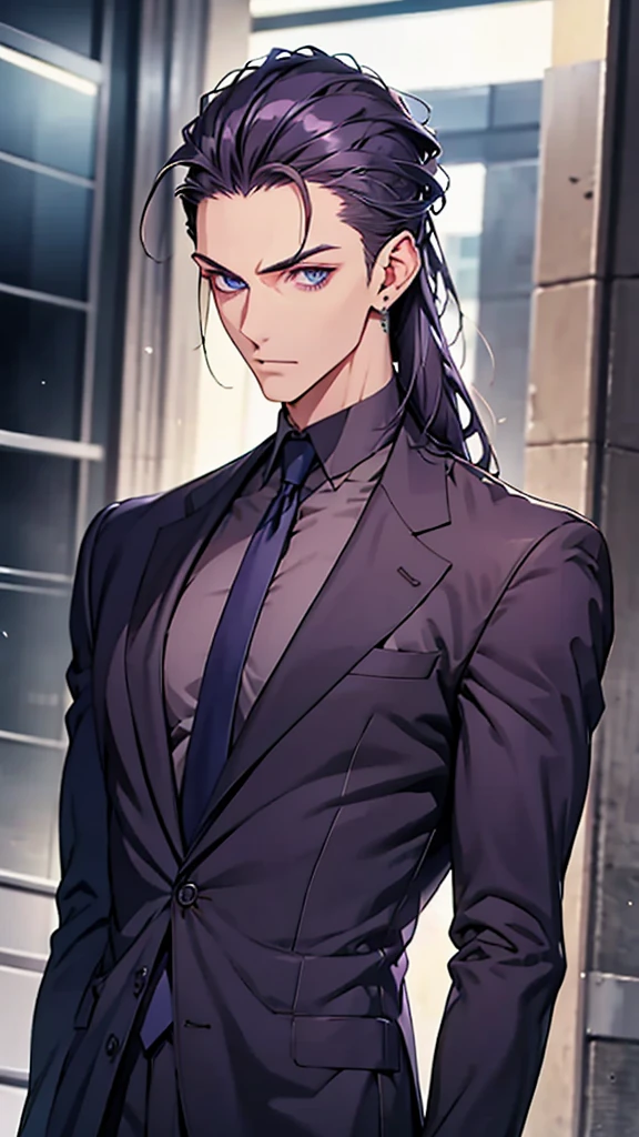 Male, blue eyes, purple slicked back ponytail, navy blue checkered suit, thin eyebrows, slim body, upper body