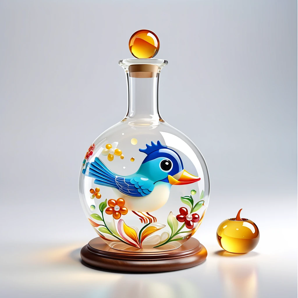 Generate a glass handicraft or artwork。It needs to be half cartoon and half realistic style，The realistic style accounts for a larger proportion，The item takes up 70% of the image size%，Center items。Background is pure white，No extra elements needed。