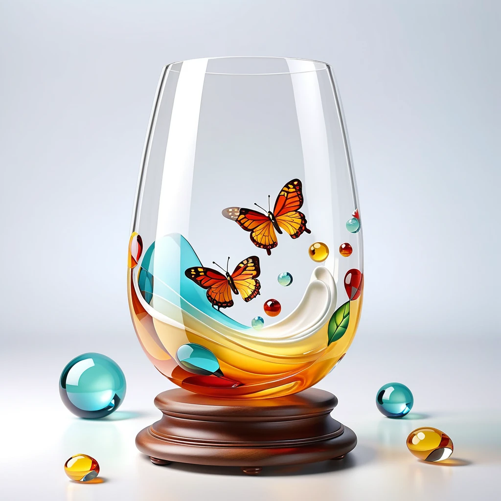 Generate a glass handicraft or artwork。It needs to be half cartoon and half realistic style，The realistic style accounts for a larger proportion，The item takes up 70% of the image size%，Center items。Background is pure white，No extra elements needed。