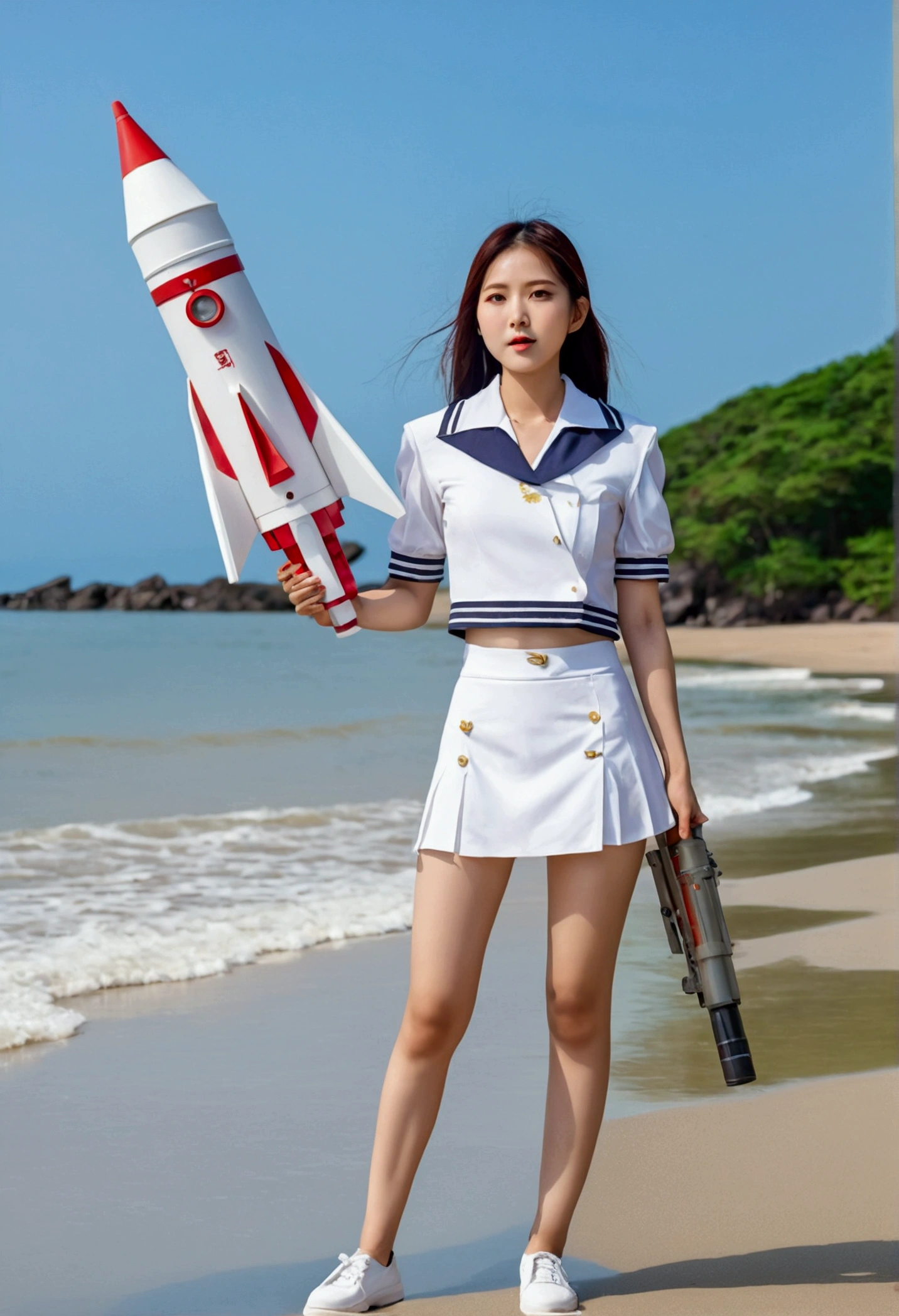beautiful taiwanese woman, wear a white cropped sailor suit with white miniskirt, standing on the beach on a hot summer day, holding a rocket launcher that is larger than a person, shot a high pressure of water.