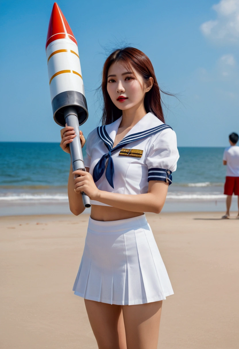 beautiful taiwanese woman, wear a white cropped sailor suit with white miniskirt, standing on the beach on a hot summer day, holding a rocket launcher that is larger than a person, shot a high pressure of water.