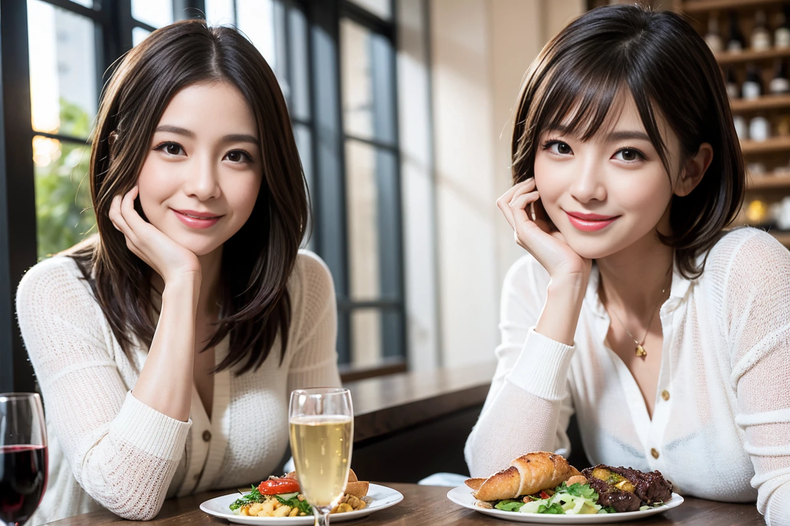 ((Highest quality、8k、masterpiece:1.3))、Shortcuts、cute、slimカップル、modelカップル、actress男優、(Realistic, Intricate details:1.2), full-course dinner、Wine Party、Amazing view of the sunset sky and clouds、A bright smile、short hair,Bright Face、 (Age 45), 42 years old, red wine 、Appetizers、Italian food、Wine bottle、Champagne、sparkling wine、Two beauties、Brown Hair、Shortcuts、Long sleeve shirt、dress、Beautiful woman 1, (slimな顔), (The body is slim), (Brown Hair), (Shortcuts), cheeks turn a little red,Attractive beauty、restaurant, In a prominent place (From the waist up) Nova Frog Style, actress, model, Upper Body, White wine, slim, wine glass, 中央に置かれたwine glass, smile, (smile: 1.15), Beautiful fine grain, Depth f/2,saturation, High Contrast, Strong light and shadow,Moist Body:1.5、3D texture、Delicate eyes、Brown Hair、The hair is very shiny、