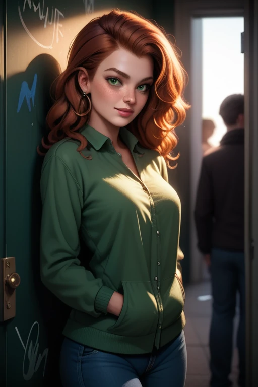Tall and slender busty woman; wavy auburn hair; piercing green eyes; fair skin with a few freckles; athletic build; confident; girl-next-door look; soft and cute features); in a graffiti-covered utility tunnel; best quality; trending on artstation; dark room with complex volumetric lighting; strong shadows; artistic lighting; dynamic; energetic vibe; realistic skin; specular highlights; micro-textures; highly detailed hair; worn-out overcoat, warm clothing; homeless