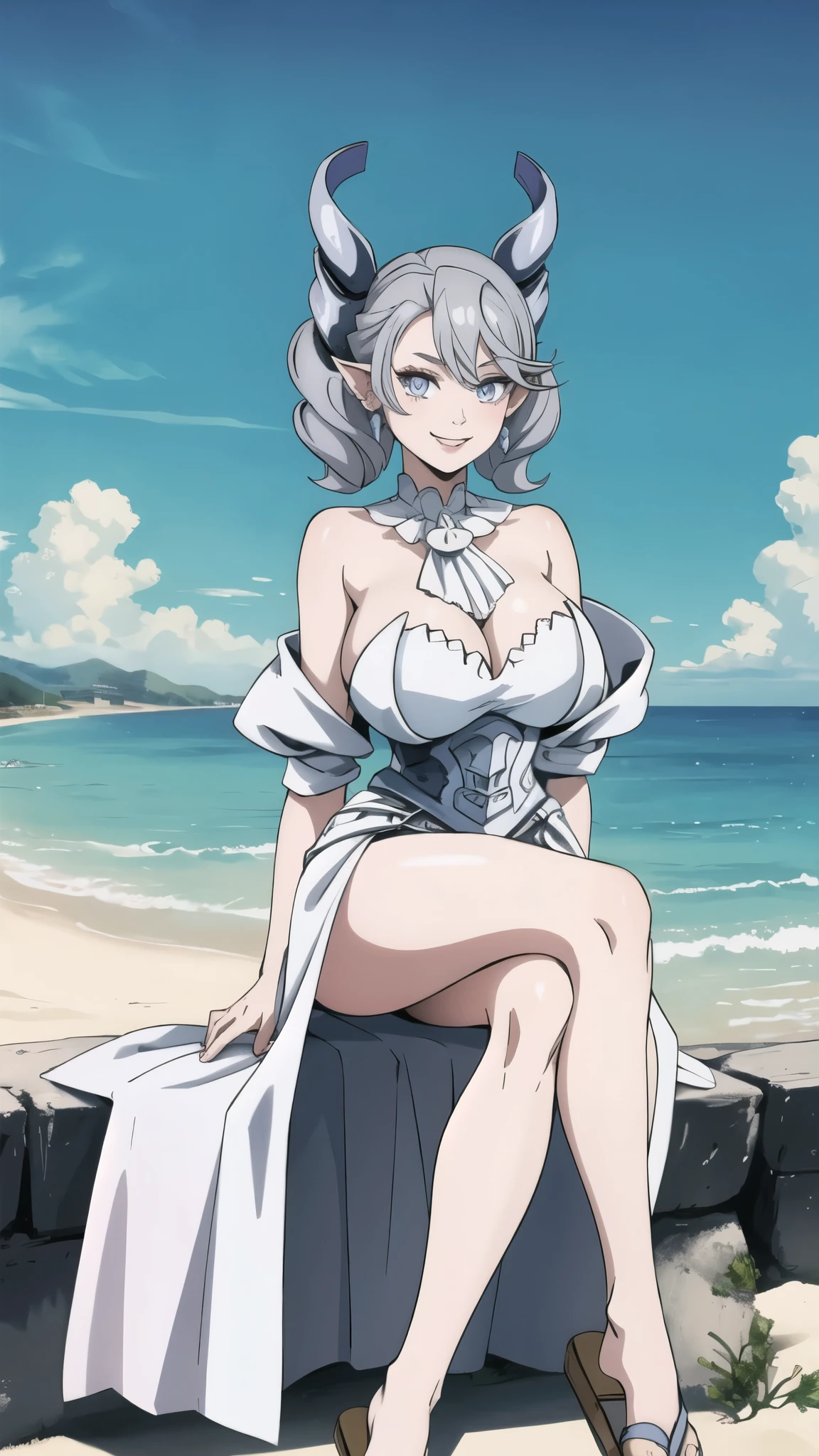 Beautiful arts wallpaper Sunset Outside castle top High level image quality best image quality 8K adult woman silver castle outside more colors whole body view portrait wearing pure white pirate dress horn ears short hair((shortcut)(gray hair)(perm)(fluffy)) eye color is blue , , attractive evil face , smile , beach , labrynth , slippers , holding her breast, , sitting with crossed legs , waves