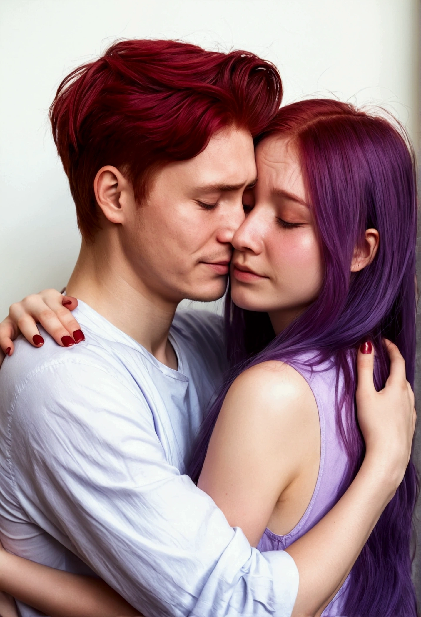 Couple in love. A guy with short red hair hugs a girl with long purple hair、comfort. Crying girl.like, Romance