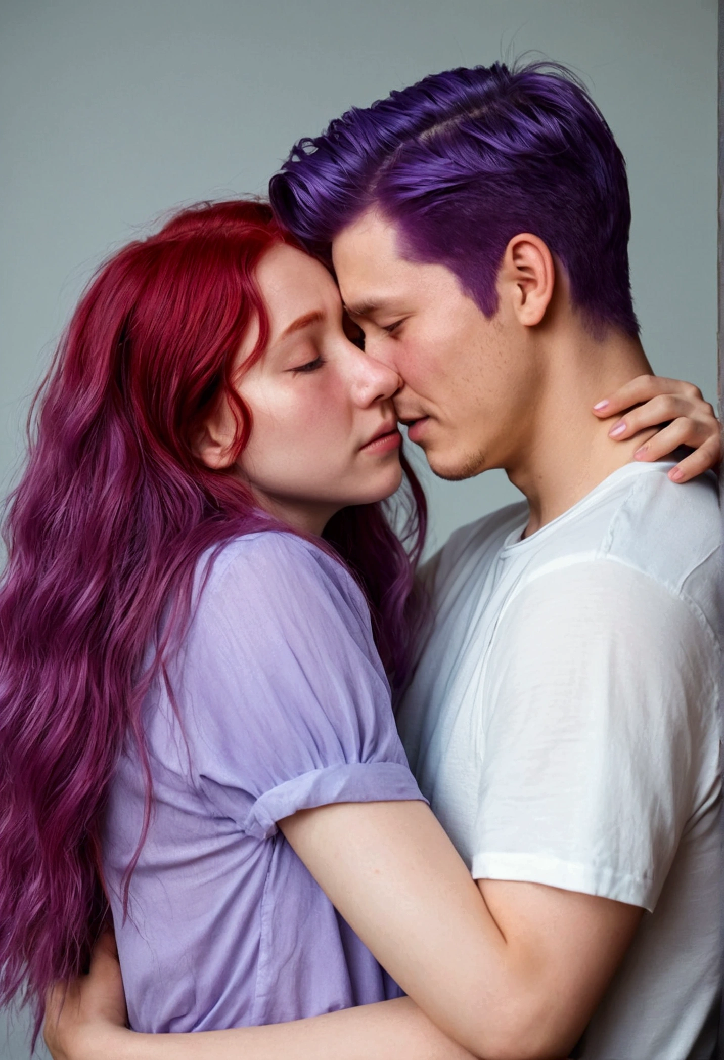 Couple in love. A guy with short red hair hugs a girl with long purple hair、comfort. Crying girl.like, Romance