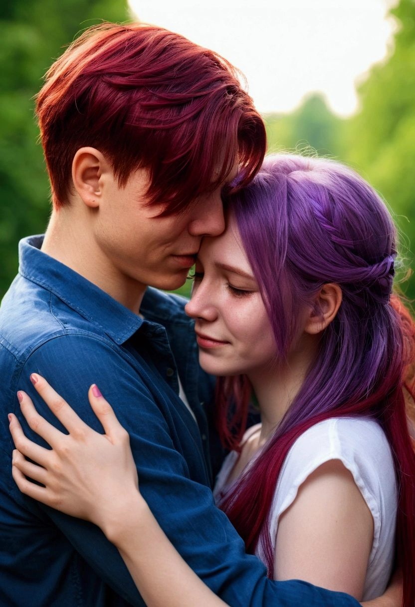 Couple in love. A guy with short red hair hugs a girl with long purple hair、comfort. Crying girl.like, Romance