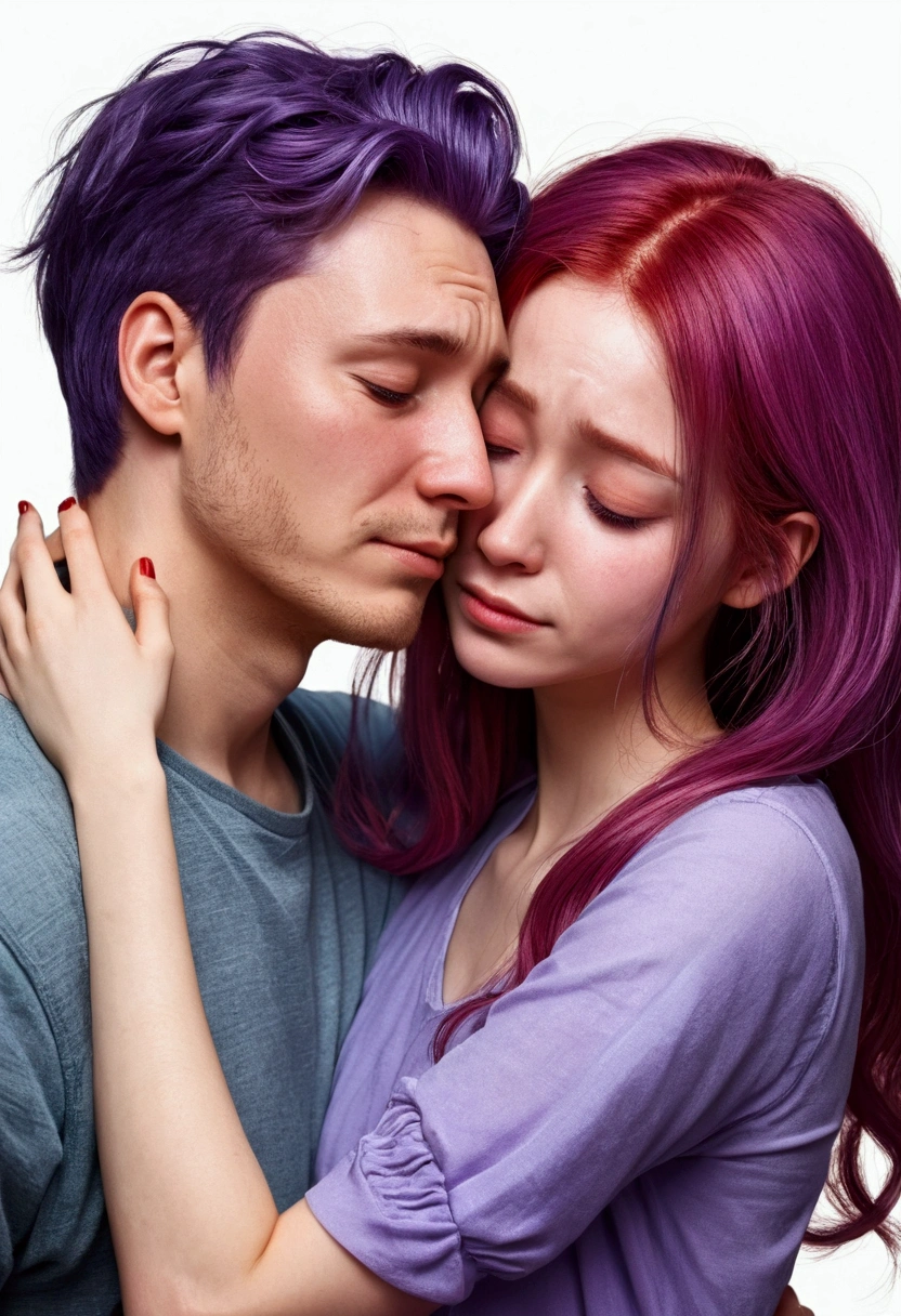 Couple in love. A guy with short red hair hugs a girl with long purple hair、comfort. Crying girl.like, Romance