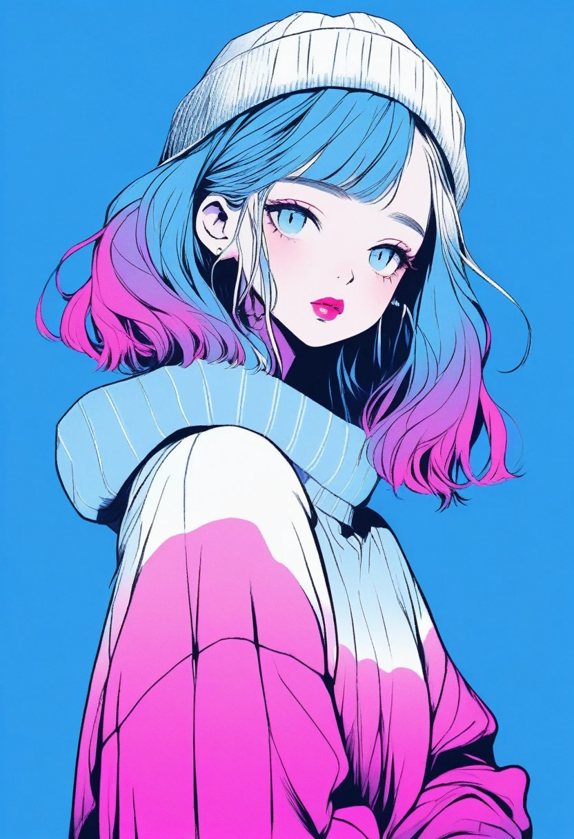 ilustrador, Japanese cartoons , Practical ,sketch , 1 girl, ,Lips, sweater,Order, Blue gradient background, Neon hair,Texture decoration, Canada, (masterpiece,best quality) glycerin