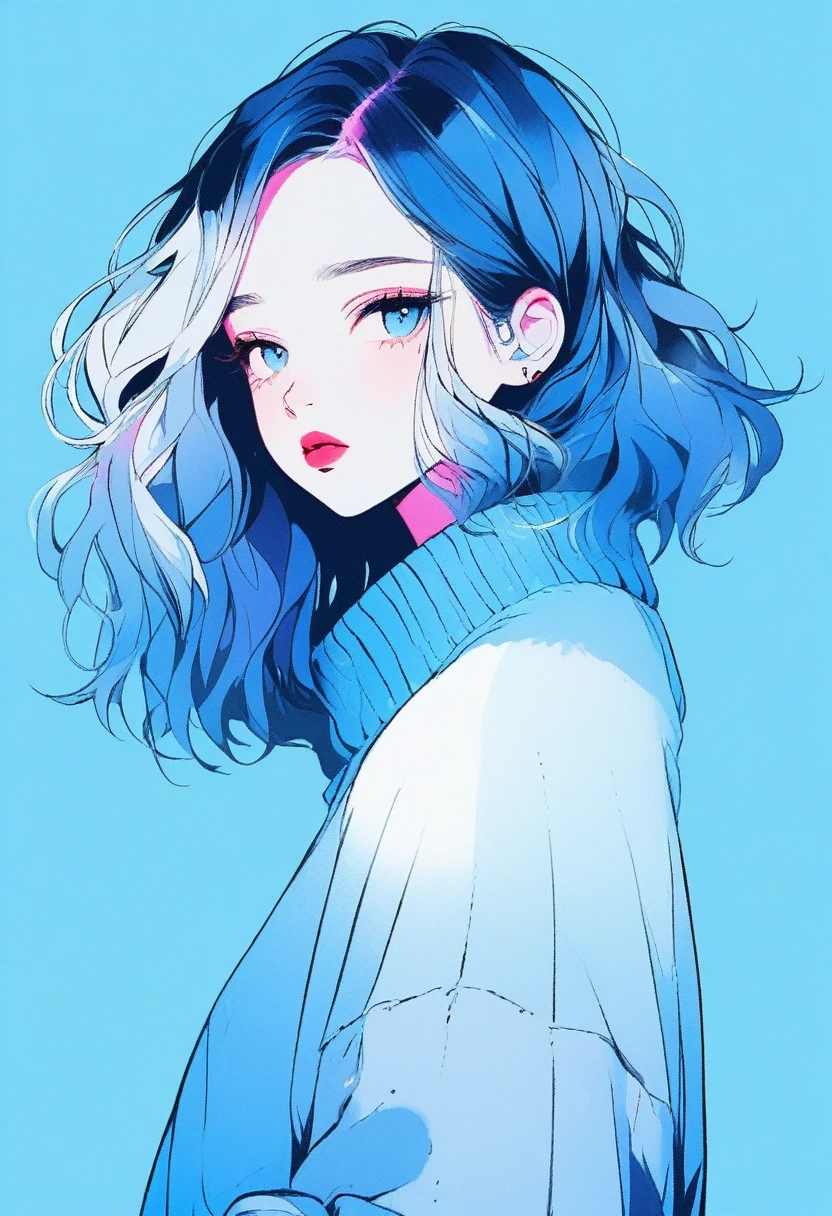 ilustrador, Japanese cartoons , Practical ,sketch , 1 girl, ,Lips, sweater,Order, Blue gradient background, Neon hair,Texture decoration, Canada, (masterpiece,best quality) glycerin