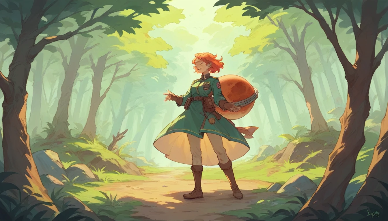 An Arabic woman using uniform green with an emblem write: F.E.P.E, skyes blue and red, a Gian tree behind her l, forest, planet