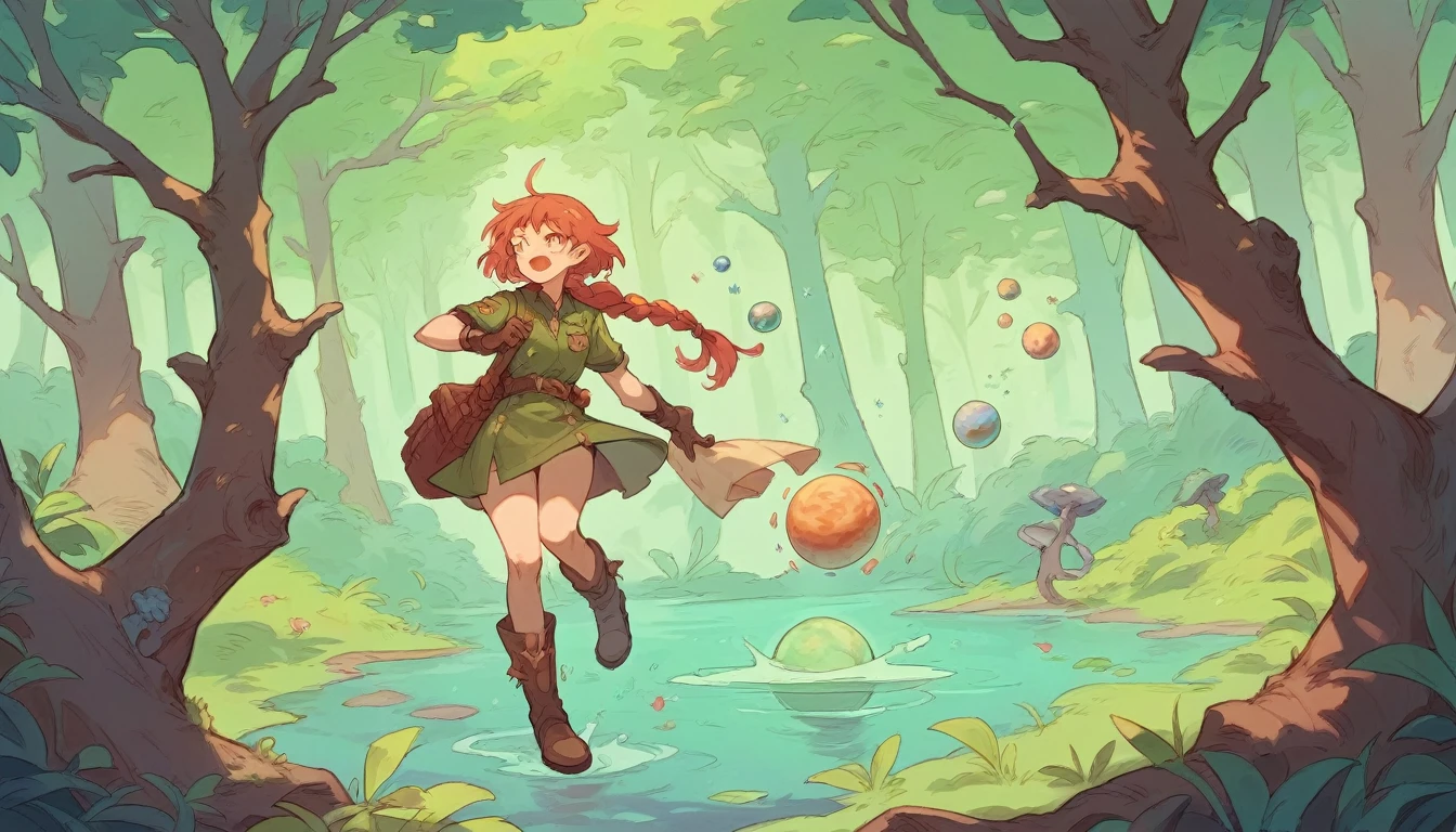 An Arabic woman using uniform green with an emblem write: F.E.P.E, skyes blue and red, a Gian tree behind her l, forest, planet