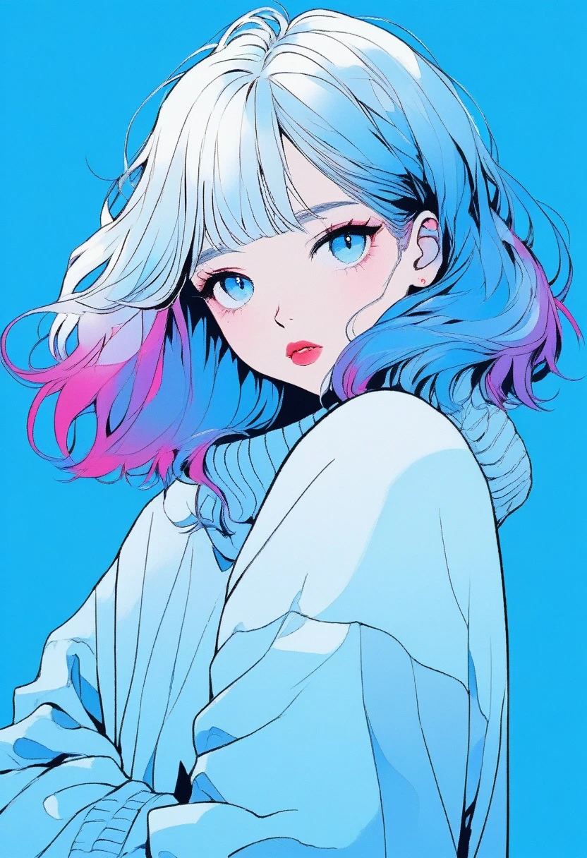 ilustrador, Japanese cartoons , Practical ,sketch , 1 girl, ,Lips, sweater,Order, Blue gradient background, Neon hair,Texture decoration, Canada, (masterpiece,best quality) glycerin