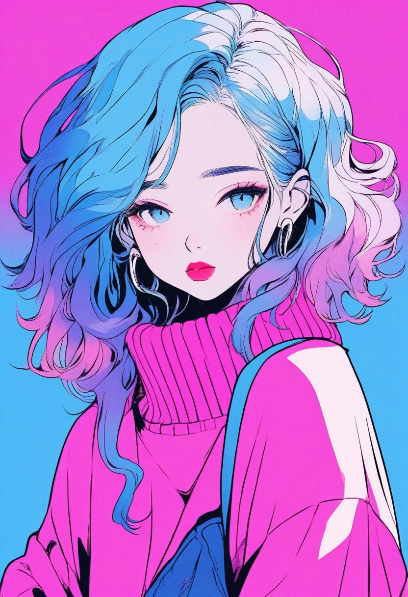 ilustrador, Japanese cartoons , Practical ,sketch , 1 girl, ,Lips, sweater,Order, Blue gradient background, Neon hair,Texture decoration, Canada, (masterpiece,best quality) glycerin