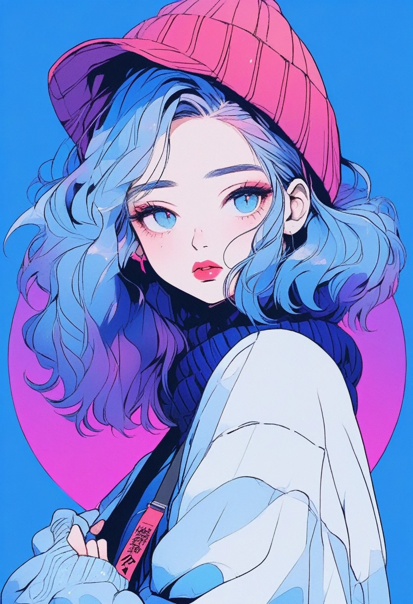 ilustrador, Japanese cartoons , Practical ,sketch , 1 girl, ,Lips, sweater,Order, Blue gradient background, Neon hair,Texture decoration, Canada, (masterpiece,best quality) glycerin