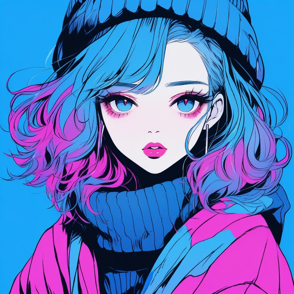 ilustrador, Japanese cartoons , Practical ,sketch , 1 girl, ,Lips, sweater,Order, Blue gradient background, Neon hair,Texture decoration, Canada, (masterpiece,best quality) glycerin