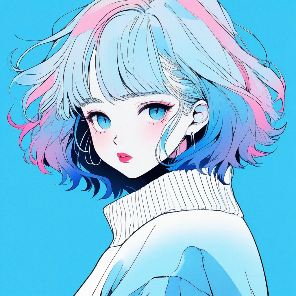 ilustrador, Japanese cartoons , Practical ,sketch , 1 girl, ,Lips, sweater,Order, Blue gradient background, Neon hair,Texture decoration, Canada, (masterpiece,best quality) glycerin