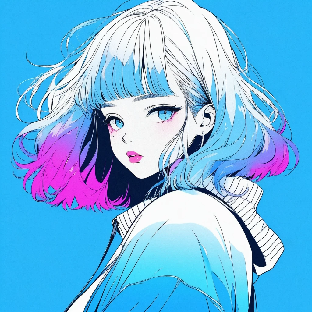 ilustrador, Japanese cartoons , Practical ,sketch , 1 girl, ,Lips, sweater,Order, Blue gradient background, Neon hair,Texture decoration, Canada, (masterpiece,best quality) glycerin