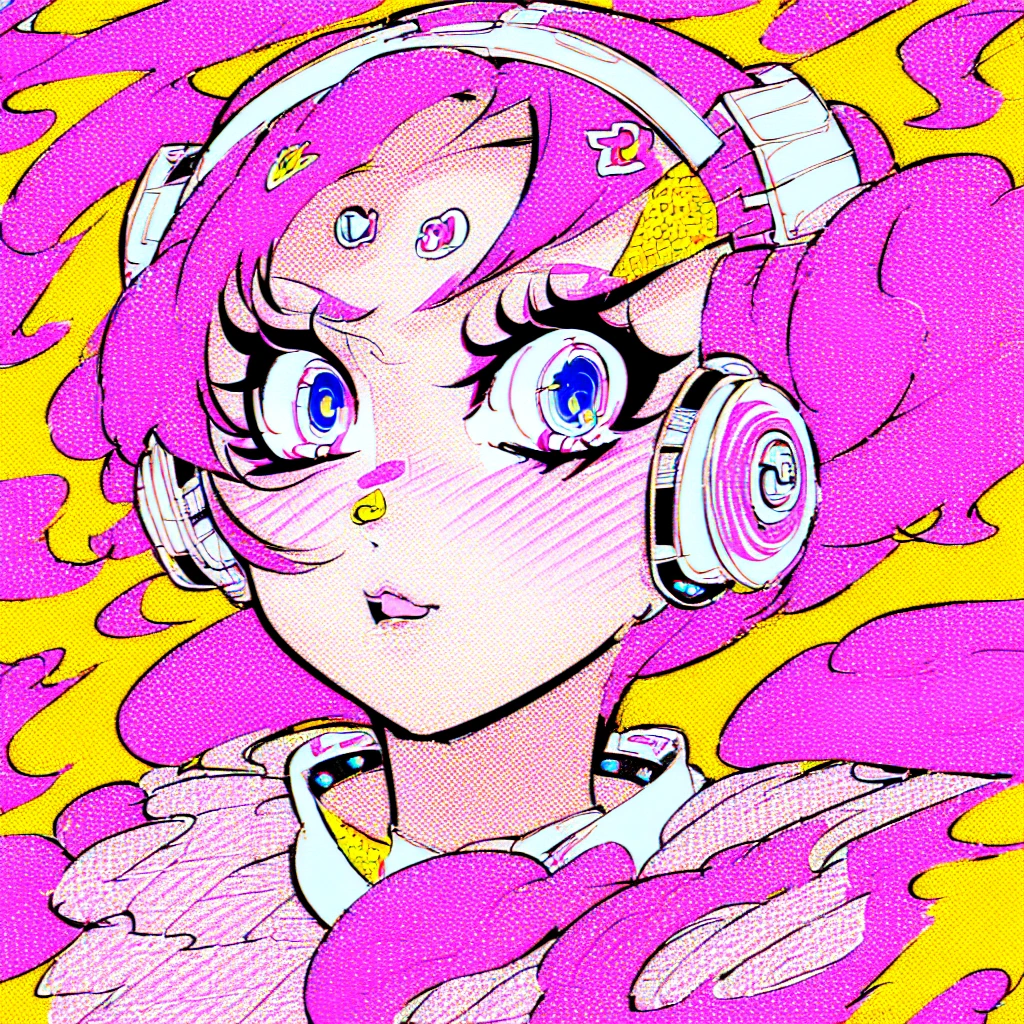 (masterpiece), Highest quality, One girl, Part your lips, Upper Body, bangs, Pastel background,((Grainy Halftone Screen,popart,Mixed Media,Texture)),((Lichtenstein-style drawing)),(blue eyes,Wearing headphones)