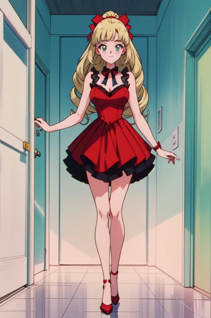 (masterpiece, best quality, beautiful and aesthetic:1.3), 1girl, light smile, solo, EPTakeuchiNaokoStyle, beautiful face, beautiful eyes, 1990s \(style\), anime screencap, retro artstyle, anime coloring, traditional media,red ribbon,blunt bangs,green eyes,ringlets, twin drills,blonde hair.lace, large breasts,princess,{{{shaded face,seductive smile}}},full body,red dress