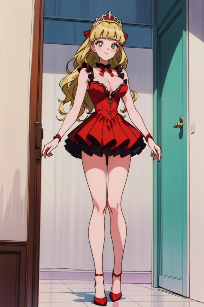(masterpiece, best quality, beautiful and aesthetic:1.3), 1girl, light smile, solo, EPTakeuchiNaokoStyle, beautiful face, beautiful eyes, 1990s \(style\), anime screencap, retro artstyle, anime coloring, traditional media,red ribbon,blunt bangs,green eyes,ringlets, twin drills,blonde hair.lace, large breasts,princess,{{{shaded face,seductive smile}}},full body,red dress