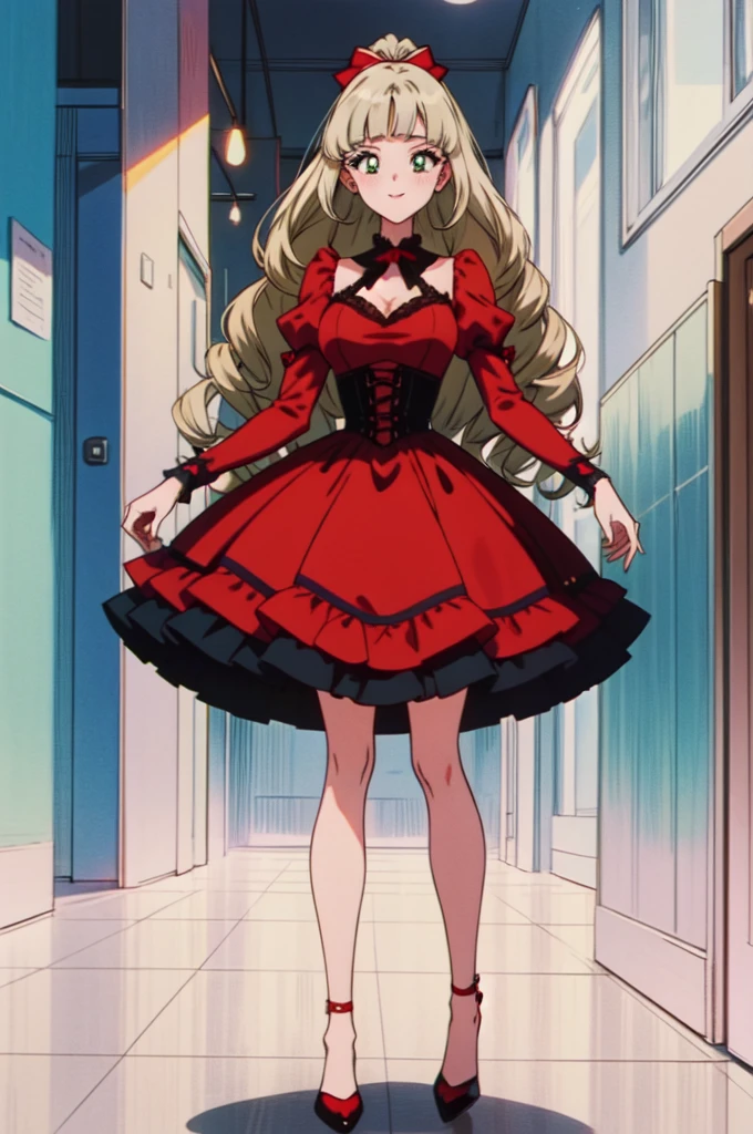 (masterpiece, best quality, beautiful and aesthetic:1.3), 1girl, light smile, solo, EPTakeuchiNaokoStyle, beautiful face, beautiful eyes, 1990s \(style\), anime screencap, retro artstyle, anime coloring, traditional media,red ribbon,blunt bangs,green eyes,ringlets, twin drills,blonde hair.lace, large breasts,princess,{{{shaded face,seductive smile}}},full body,red dress