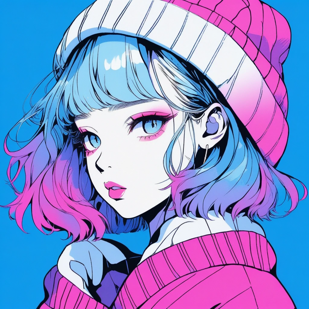 ilustrador, Japanese cartoons , Practical ,sketch , 1 girl, ,Lips, sweater,Order, Blue gradient background, Neon hair,Texture decoration, Canada, (masterpiece,best quality) glycerin